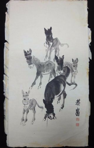 Very Large Fine Old Chinese Hand Painting Vivid Donkeys " Huangzhou " Marks