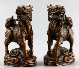 Collectable Antique Boxwood Hand Carve A Pair Exorcism Bring Luck Kylin Statue