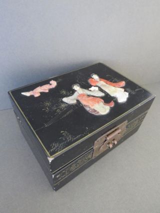 Large Vintage Chinese Laquer Jewelry Box Raised Relief