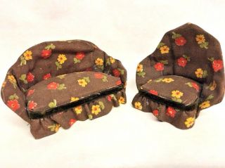 Vintage Dollhouse Furniture Sofa Chair Fabric Brown Flowers Yellow Red Retro Mod