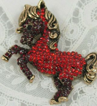 Prancing Horse Pony Antiqued Gold Tone & Red Rhinestone Brooch Pin