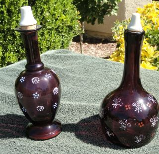 Rare 2 Antique Mulberry Glass Barber Bottle Hand Painted Porcelain Stopper 8 "