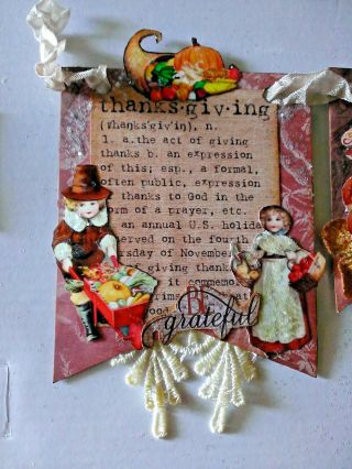 Altered Art Mixed Media Bunting Banner Vintage Thanksgiving Handcrafted Ooak