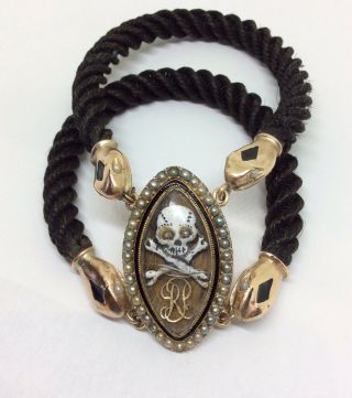 Rare Antique Georgian 15ct Gold Seed Pearl Memento Mori Mourning Skull Bracelet