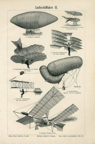 1897 Old Airships Flying Machines Antique Engraving Print