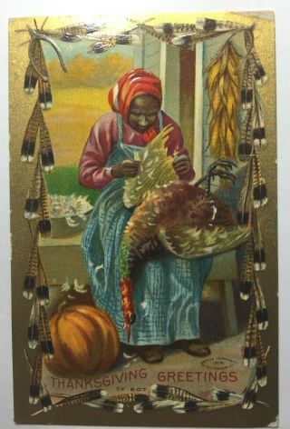 Vintage Thanksgiving Postcard Rare Black Woman Cleaning Turkey Tf607unposted
