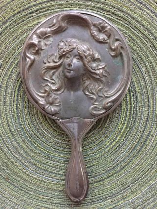 Antique Art Nouveau Silver - Plated Hand Mirror Woman W Hair Flowers