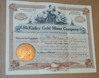 Mckinley Gold Mines Company 1908 Antique Stock Certificate