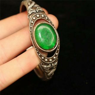 Collect Old Chinese Tibetan Silver Carved Dragon Inlay Greenstone Jade Bracelet