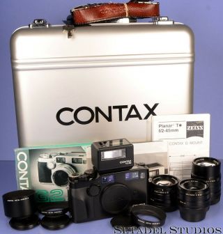 Contax G2 Black Camera Set,  28mm,  45mm,  90mm Lenses,  Flash,  Shades,  Case Rare