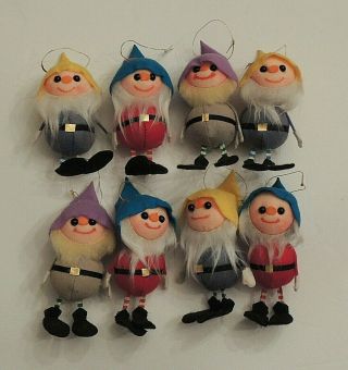 8 Vintage Flocked Felt Dwarf Gnome Elf Pixie Christmas Ornaments Rare