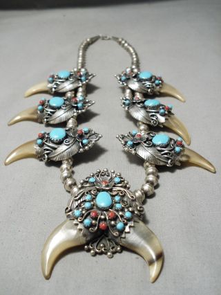Rare Vintage Navajo Turquoise Coral Sterling Silver Squash Blossom Necklace Old
