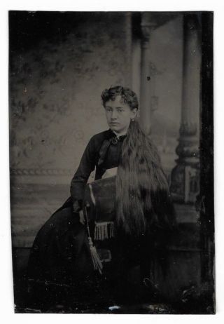 Antique Pretty Woman W/ Long Hair Beauty Portrait Tintype Victorian Lady Photo