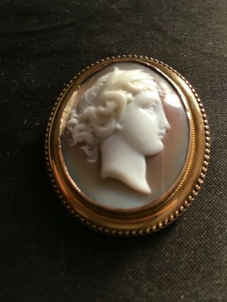 Cameo,  Antique,  Finely Carved Oval Brooch,  Grecian Head On Gold.  4.  25 X 3.  5 Cms