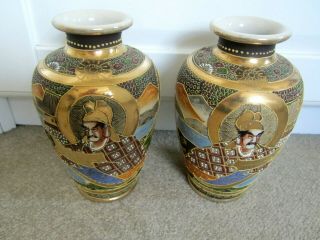 Vintage Japanese Satsuma Pottery Vases With Gilding & Moriage Enamels