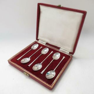 Vintage F&w Solid Silver - Set Of Six Coffee Spoons With Leather Box,  Weight 43g