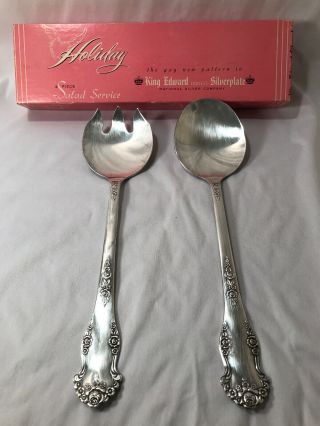 National Silver Co King Edward 2pc Salad Serving Set Silverplate Holiday Pattern