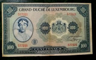 Rare Grand Duche De Luxembourg 100 Francs Without Prefix Banknote 1944 P 47a