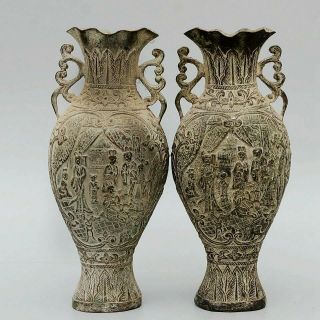 Collect China Antique Bronze Hand - Carved Figure & Flower A Pair Precious Vase