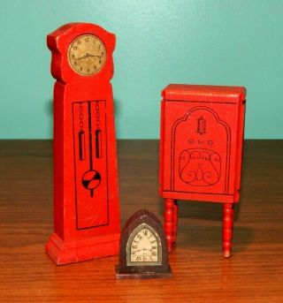 Vintage Dollhouse Wood Red Grandfather Clock China Cabinet & German Mantel Clock