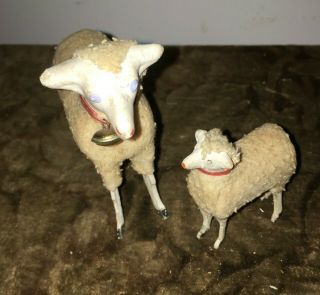 Antique German Putz Wood Stick Leg Woolly Sheep & Baby Lamb