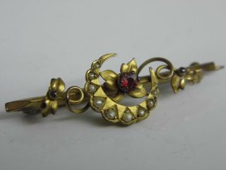 A Pretty Antique Victorian 9ct Gold Seed Pearls & Red Stone Set Brooch C1900