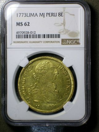 Spanish Peru 1773 Lima Jm Gold 8 Escudos Ngc Ms - 62 Finest Known Very Rare