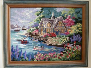 Vintage Needlework Embroidery Picture Victorian Cottage Lake Boats Framed Usa