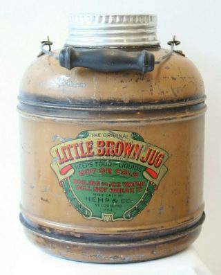 Antique The Little Brown Jug Hemp & Co.  Metal Over Porcelain Thermos