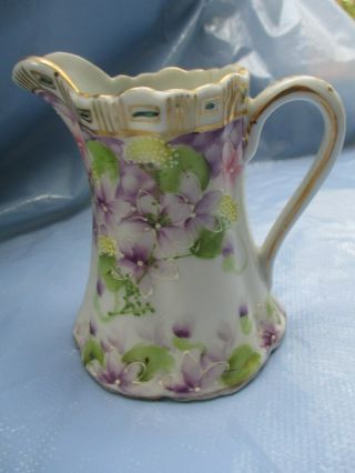 Vintage - Hand Painted Purple Violets Nippon Cream Pitcher Pre Owned 3 - 3/4 " X 3 "