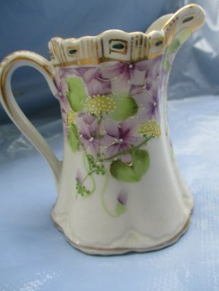 VINTAGE - HAND PAINTED PURPLE VIOLETS NIPPON CREAM PITCHER PRE OWNED 3 - 3/4 