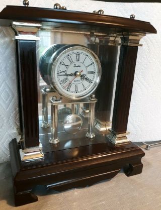 Antique Style 10 " Tall Wooden Desk/mantle Clock,  Mirrored Glass And Pendulum