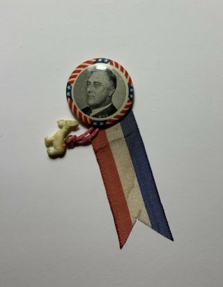 Pristine Rare Fdr " Franklin D Roosevelt " Pinback Button With Ribbon And Donkey