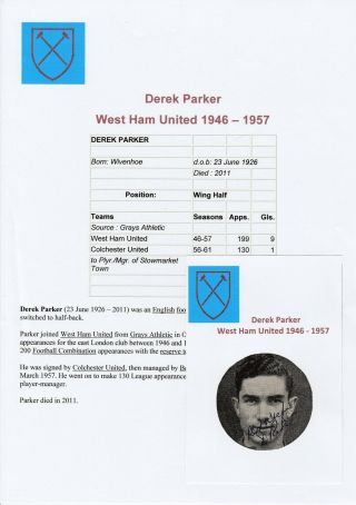Football Autograph Derek Parker West Ham United 1946 - 1957 Rare Signed