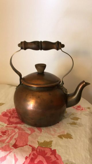 Antique Vintage Primitives Copper Tea Pot Kettle Wood Handle Italy