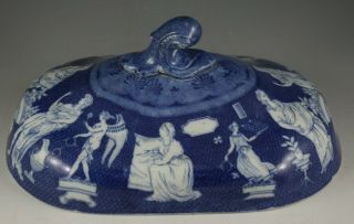 Antique Pottery Pearlware Blue Transfer Greek Pattern Lid Not Spode 1810