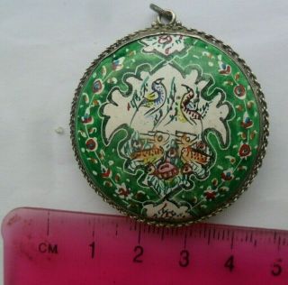 Vintage Jewellery Antique Persian ? Silver Hand Painted Enamel ? Pendant Birds