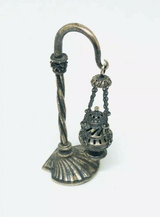 Antique Sterling Silver Oil Lamp Light Minature Ornament,  925