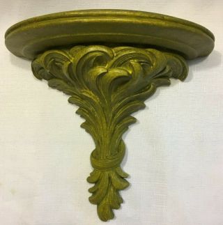 Antique Syroco Wood Wall Shelf / Sconce Ornate Leaf Design Painted Green 1900 - 20