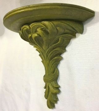 Antique Syroco Wood Wall Shelf / Sconce Ornate Leaf Design Painted Green 1900 - 20 2