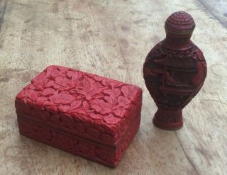 Chinese Carved Red Small Cinnabar Lacquer Or Resin Covered Box,  Snuff Bottle