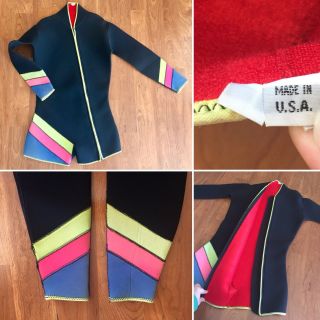 Vtg 70s Neon Striped Shorty Wetsuit Made Usa Rare Scuba Snorkel Retro Surf M/l