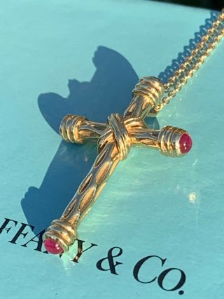 Tiffany & Co 18k Gold Ruby Cross Pendant Necklace 18 Inch Rare Paperwork