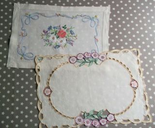 2 Antique/vintage Embroidered/ Cut Work Tray Cloths Beautifully Worked Invgc