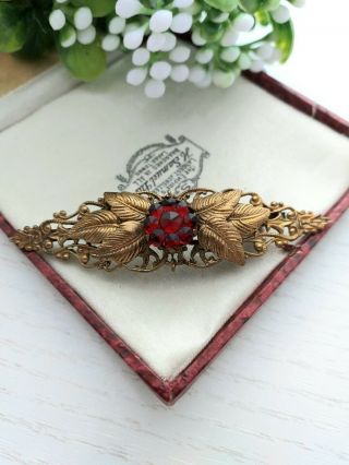 Vintage Antique Jewellery - Victorian Czech Brooch With Garnet Glass Flower.  C1900.