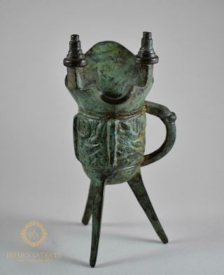 ANTIQUE CHINESE ARCHAIC BRONZE RITUAL CEREMONIAL WINE VESSEL JUE CUP 2