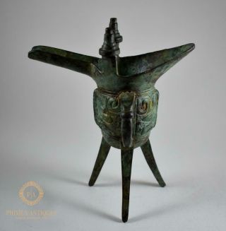 ANTIQUE CHINESE ARCHAIC BRONZE RITUAL CEREMONIAL WINE VESSEL JUE CUP 3