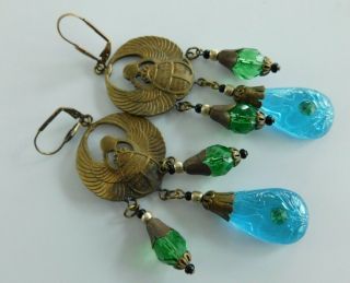 Rare Vintage Art Deco Egyptian Revival Scarab Dangle Earrings Heavy Brass Glass