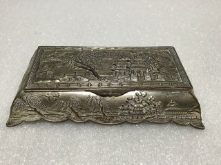 Antique Chinese Silver Metal Embossed Pagoda Pill Box Signed Marked On The Base