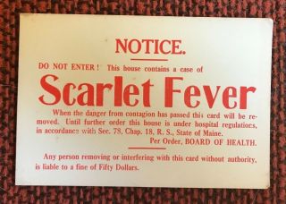 Vintage Quarantine Scarlet Fever Sign Maine Board Of Health Antique Notice